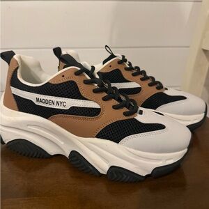 Madden NYC Women's Sneakers - White, Black, and Tan size 8 brand new  small mark